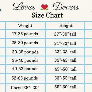 May include: A size chart titled "Lover Dovers" with measurements for children's clothing. It includes sizes from 6/12 months to 10/12, with corresponding weights in pounds, heights in inches, and dress lengths in inches.