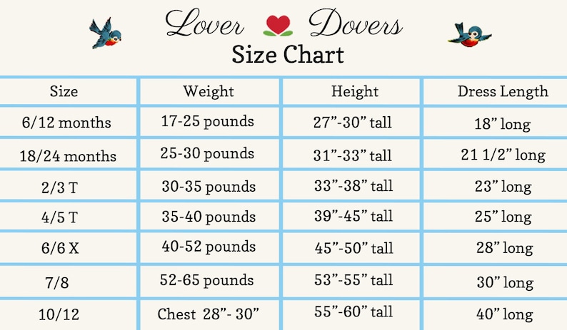 May include: A size chart titled "Lover Dovers" with measurements for children's clothing. It includes sizes from 6/12 months to 10/12, with corresponding weights in pounds, heights in inches, and dress lengths in inches.