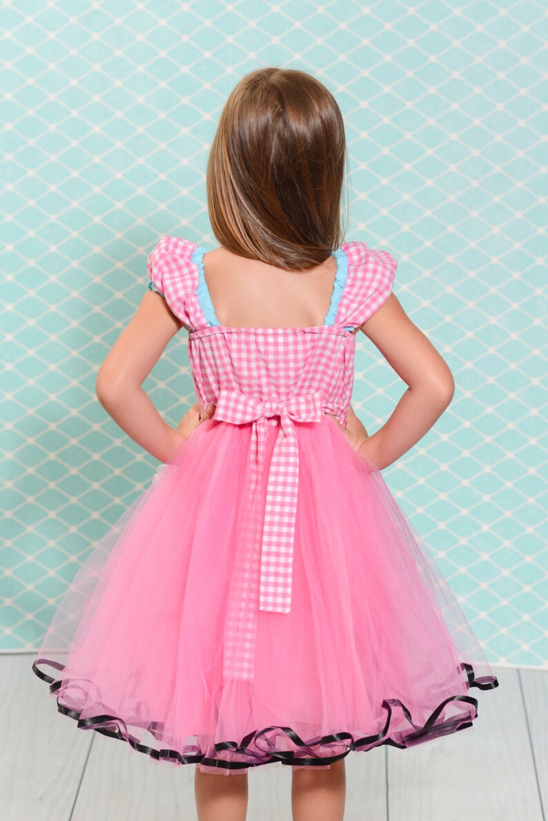 May include: A pink tulle dress with a white and pink gingham bodice and black trim. The dress has a bow at the back.