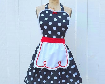 RETRO APRON Lucy ... retro red black polka dot womens full apron flirty hostess gift vintage inspired I love Lucy