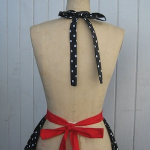 RETRO APRON, Lucy apron, retro red black polka dot apron, womens full apron, hostess gift vintage inspired black and white dot apron image 4