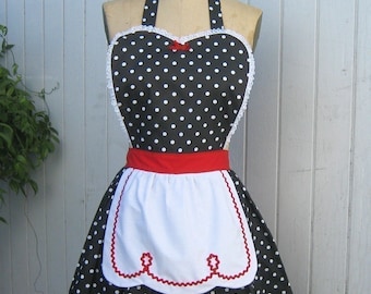 RETRO APRON, Lucy apron, retro red black polka dot apron, womens full apron, hostess gift vintage inspired black and white dot apron