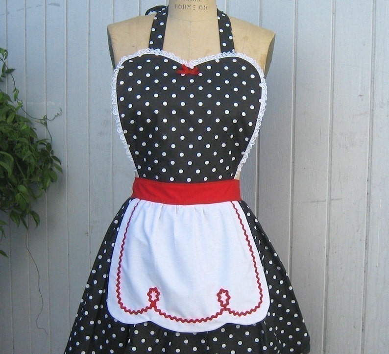 RETRO APRON, Lucy apron, retro red black polka dot apron, womens full apron, hostess gift vintage inspired black and white dot apron image 1