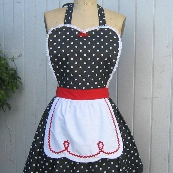 Retro apron, LUCY  apron, fifties apron, diner apron,  black polka dot with red apron, hostess gift, womens full apron, black and white dot