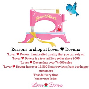 May include: A pink sewing machine with a yellow ribbon and a blue bird flying above it. The sewing machine has the word "Handmade" written on it. The text below the image reads "Reasons to shop at Lover Dovers: *Lover Dovers handcrafted quality that you can rely on *Lover Dovers is a trusted Etsy seller since 2009 *Lover Dovers has over 74,000 sales *Lover Dovers has over 16,500 5 star reviews from our happy customers *Fast delivery time *Order yours Today! Lover Dovers"
