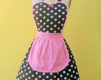 black polka dot apron. French Maid apron, RETRO apron, black and pink apron, fifties apron, hostess gift, womens full apron