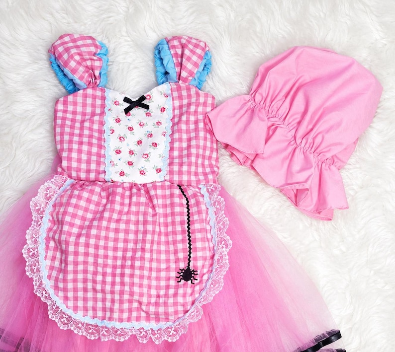 Miss Muffet Costume, Pink Gingham Dress, Spider Detail, Hat Set image 1