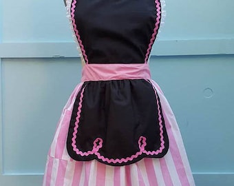 retro apron black and pink 50s DINER WAITRESS ...ice cream parlor fifties hostess bridal shower gift vintage inspired flirty full