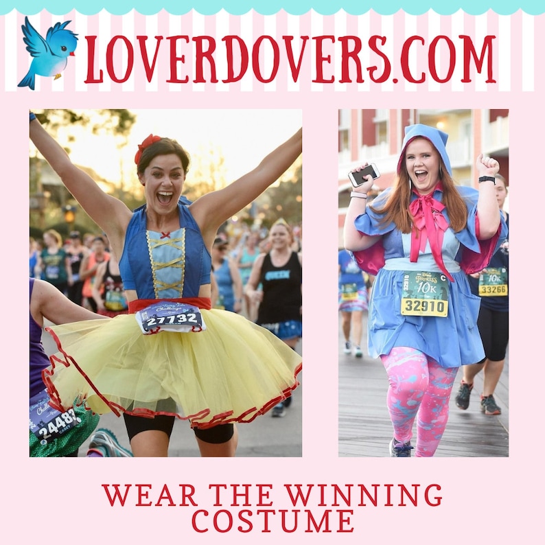 May include: Two women dressed as Disney princesses are running a race. The woman on the left is dressed as Snow White and the woman on the right is dressed as Cinderella. Both women are wearing running bibs with race numbers. The image includes the text "LOVERDOVERS.COM" and "WEAR THE WINNING COSTUME".