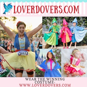 May include: A collage of images featuring children and adults dressed in various Disney princess costumes. The costumes include Snow White, Cinderella, and Tinkerbell. The text "LOVERDOVERS.COM" and "WEAR THE WINNING COSTUME - WWW.LOVERDOVERS.COM" is displayed on the image.