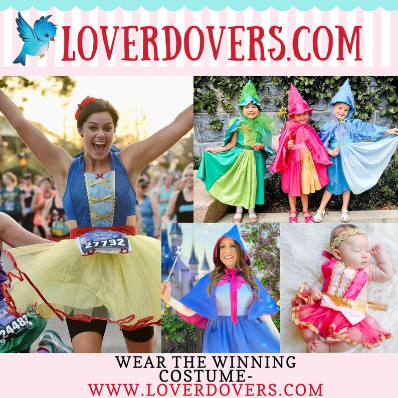 May include: A collage of images featuring children and adults dressed in various Disney princess costumes. The costumes include Snow White, Cinderella, and Tinkerbell. The text "LOVERDOVERS.COM" and "WEAR THE WINNING COSTUME - WWW.LOVERDOVERS.COM" is displayed on the image.