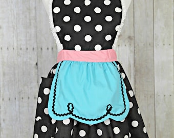 RETRO APRON Lucy ... retro black polka dot apron womens full apron flirty hostess gift vintage inspired flirty