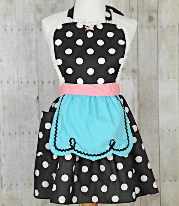 APRON, Retro Apron, Kitchen Apron, Lucy Apron, Black Polka Dot