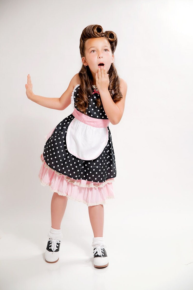 apron for kids RETRO apron in black and pink POLKA DOT childrens full apron birthday kids gift 50s inspired image 1