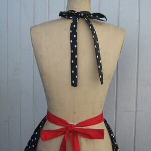 Retro apron, LUCY apron, fifties apron, diner apron, black polka dot with red apron, hostess gift, womens full apron, black and white dot image 4