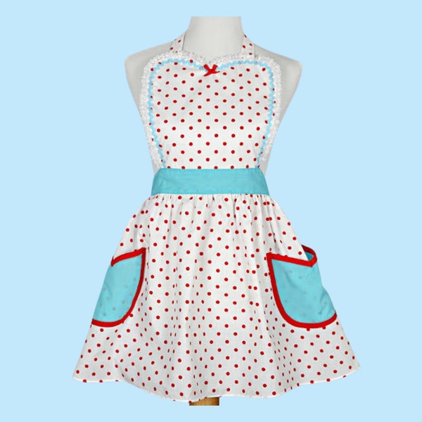 Retro APRON, kitchen apron, aprons,  apron with pockets, red polka dot apron,  women's apron, gift for her, apron for women,  hostess gift