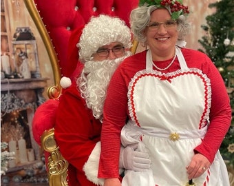 Mrs Claus Apron and Hat, Mrs Claus Costume Apron, Christmas Apron, Mrs Claus Hat, Christmas apron, White Apron, red hat bonnet