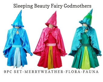 Sleeping Beauty Fairy Godmother costume for women, Flora Costume, Fauna Costume, Merryweather costume, Group costume idea