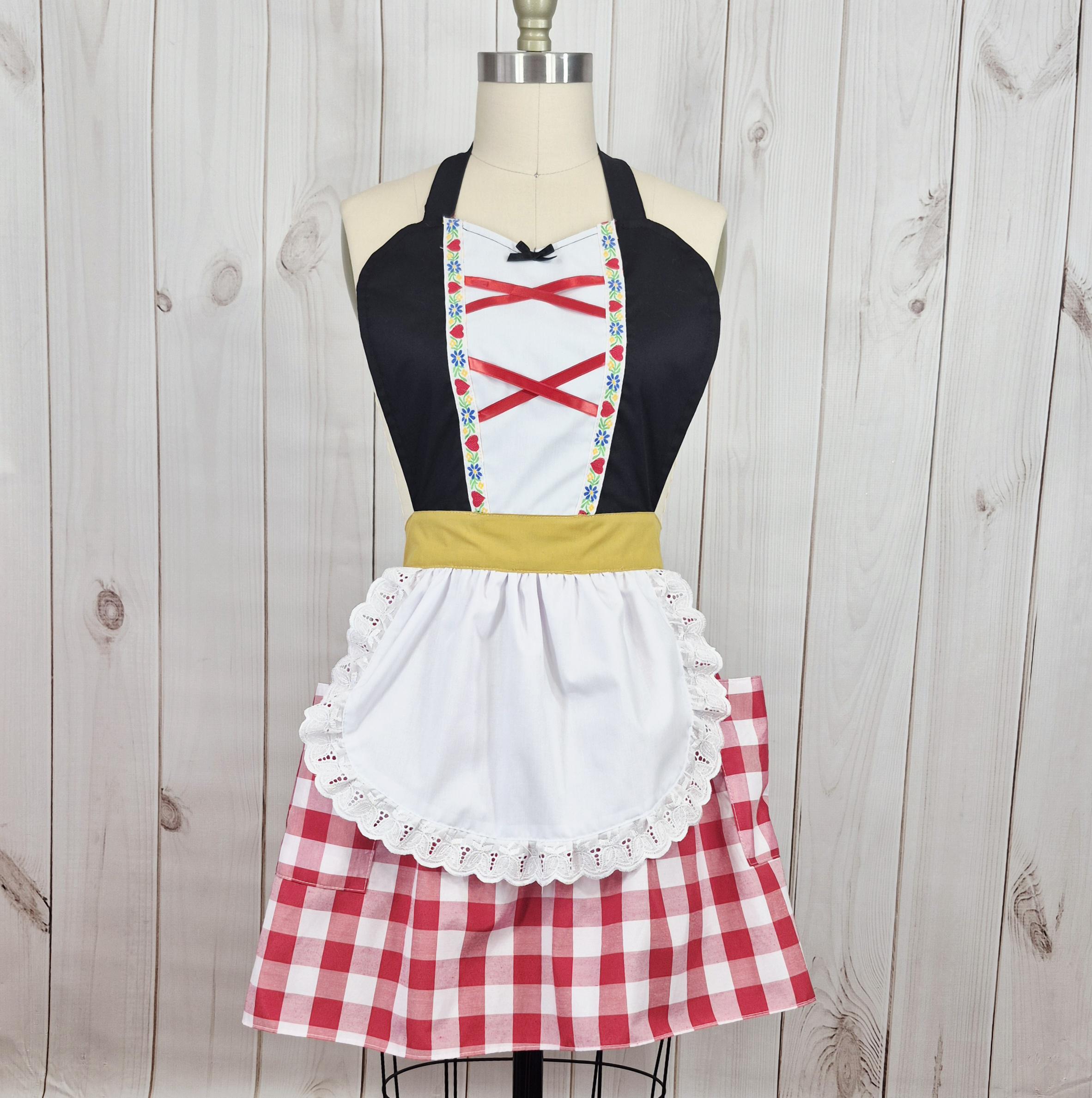 Women's Gretel Costume Apron With Red Gingham Skirt, Red Riding