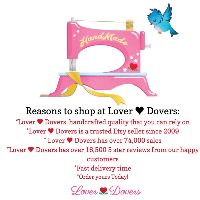 May include: A pink toy sewing machine with a yellow ribbon and a blue bird on top. The machine has the word "Handmade" written on it. The text below the image reads "Reasons to shop at Lover Dovers: *Lover Dovers handcrafted quality that you can rely on *Lover Dovers is a trusted Etsy seller since 2009 *Lover Dovers has over 74,000 sales *Lover Dovers has over 16,500 5 star reviews from our happy customers *Fast delivery time *Order yours Today! Lover Dovers"