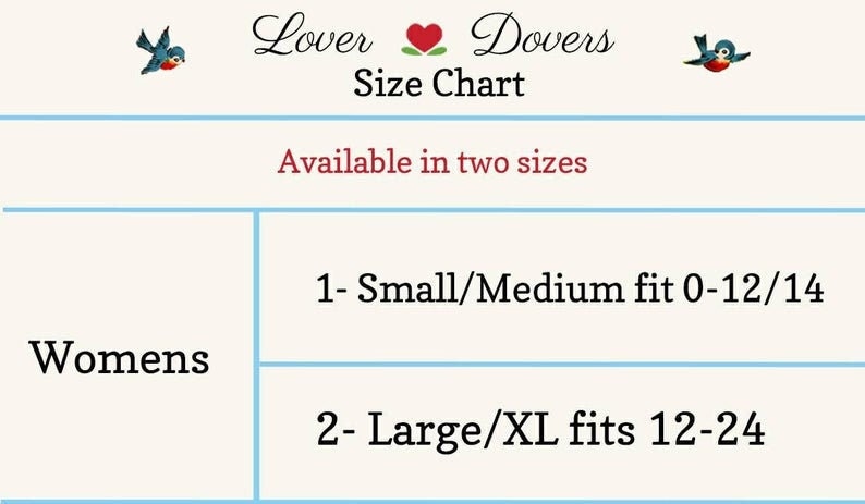 May include: Size chart for women's clothing, showing two sizes: Small/Medium fits sizes 0-12/14 and Large/XL fits sizes 12-24.
