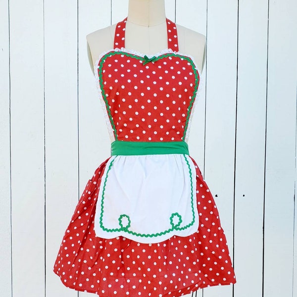 Christmas apron, retro apron,  Red green Polka Dot full apron holiday hostess, apron, elf costume, gift for her, ready to ship