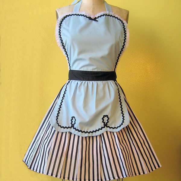 retro apron blue 50s DINER WAITRESS ... ice cream parlor fifties hostess or bridal shower gift womens flirty full aprons