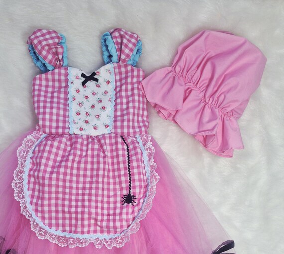 Miss Muffet Costume, Pink Gingham Dress, Spider Detail, Hat Set