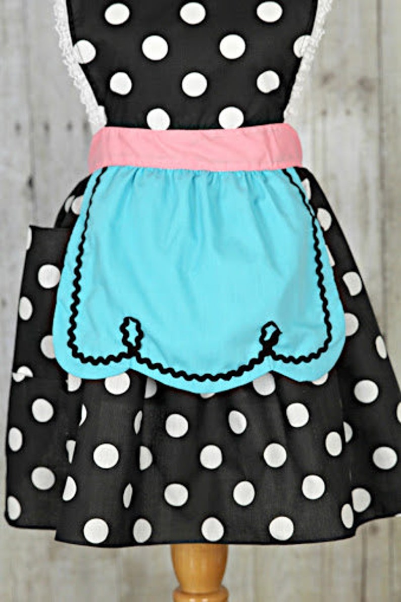 APRON, retro apron, kitchen apron, Lucy apron, black polka dot apron, apron for women, vintage apron, hostess gift, gift for her image 2