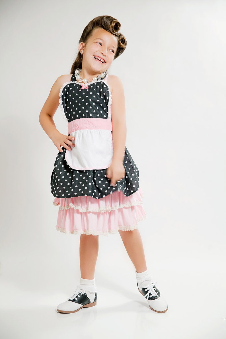 apron for kids RETRO apron in black and pink POLKA DOT childrens full apron birthday kids gift 50s inspired image 2