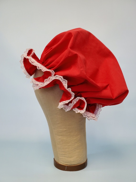 Mrs Claus Hat, Mrs Claus Red Hat and Apron,  Mrs Claus Costume Apron, Mrs Claus Hat, Christmas apron, holiday mobcap, red hat, red bonnet
