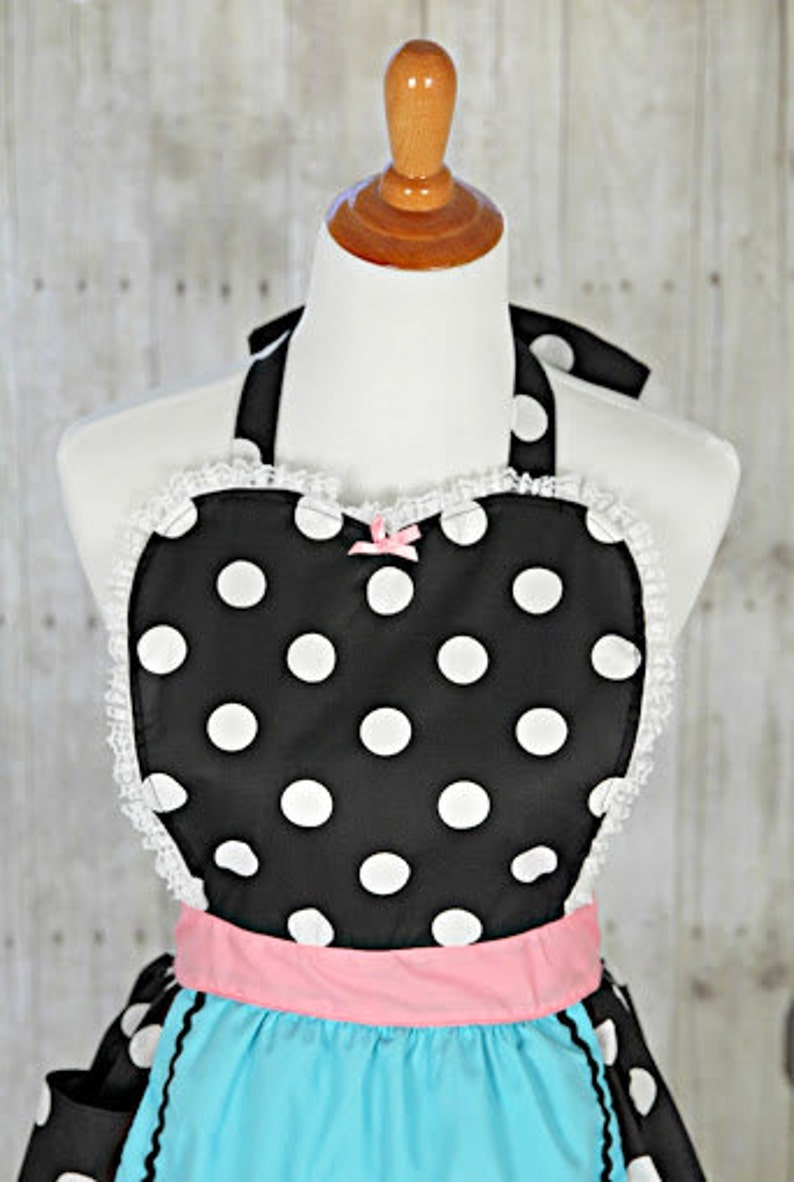 APRON, retro apron, kitchen apron, Lucy apron, black polka dot apron, apron for women, vintage apron, hostess gift, gift for her image 5