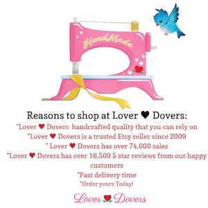 May include: A pink sewing machine with a yellow ribbon and a blue bird flying above it. The sewing machine has the word "Handmade" written on it. The text below the image reads "Reasons to shop at Lover Dovers: *Lover Dovers handcrafted quality that you can rely on *Lover Dovers is a trusted Etsy seller since 2009 *Lover Dovers has over 74,000 sales *Lover Dovers has over 16,500 5 star reviews from our happy customers *Fast delivery time *Order yours Today! Lover Dovers"