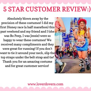 May include: A customer review of a costume company, featuring a photo of two women dressed as Disney characters, Bo Peep and Jessie, at a Disney race. The review states that the costumes were great for running and received many compliments. The review also mentions that the costumes are adjustable and can be worn with or without a neck tie. The review concludes with a thank you for the amazing costume and great customer service. The website address www.loverdovers.com is also included in the image.