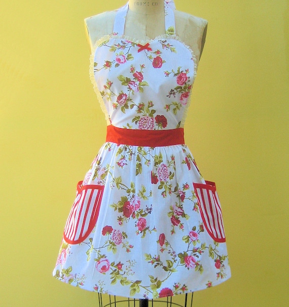 Apron Cottage Chic Pretty Floral Red Womens Retro Full APRON With