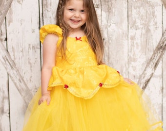 BELLE dress, rose satin Belle costume, Princess dress, yellow dress, girls princess dress, party dress, flower girl dress