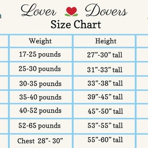 May include: A blue and white chart with the title "Lover Dovers Size Chart". The chart lists sizes for children's clothing from 6/12 months to 10/12, with corresponding weight, height, and dress length measurements in inches and pounds.