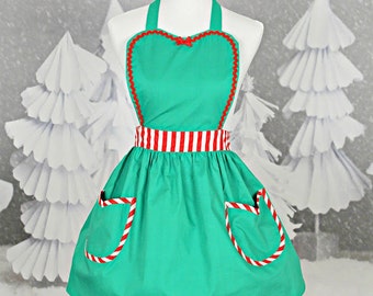 CHRISTMAS apron  womens full apron in green with red stripes Santas Helper or Elf apron,  hostess gift