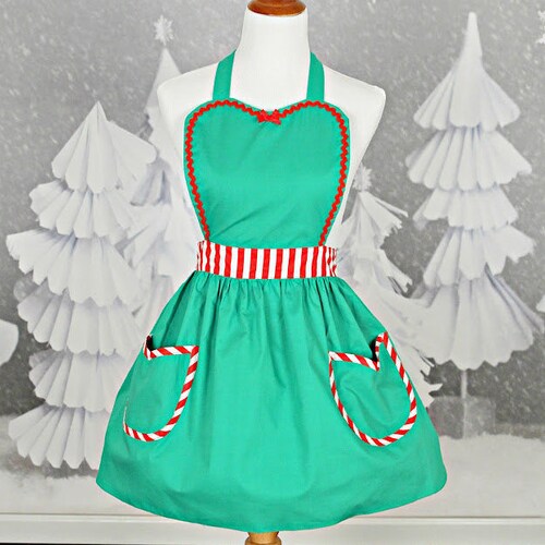 CHRISTMAS Apron Womens Full Apron in Green With Red Stripes Etsy