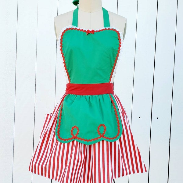 CHRISTMAS apron, womens apron, full apron, green with red stripes, Santas Helper, Elf apron, gift, hostess gift, ready to ship now