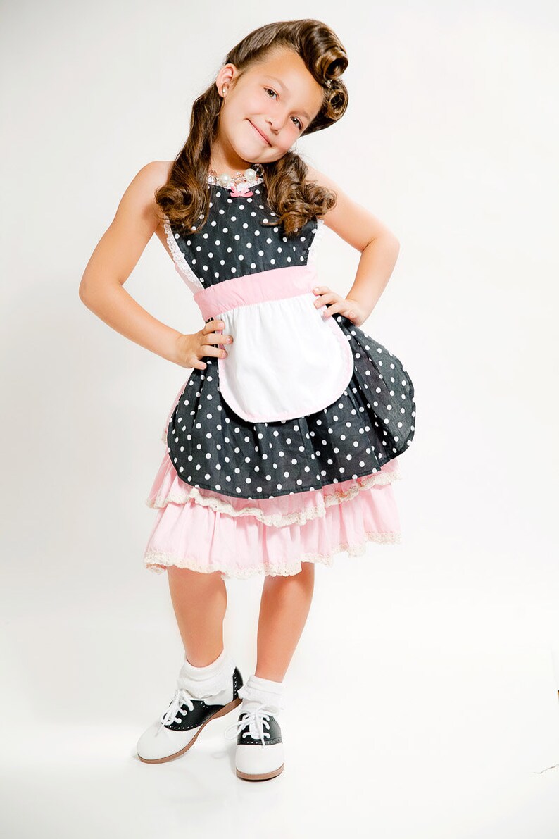 apron for kids RETRO apron in black and pink POLKA DOT childrens full apron birthday kids gift 50s inspired image 3