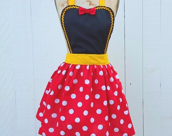 MINNIE MOUSE apron, women's Minnie Mouse dress up retro apron, red Polka Dot apron, Minnie Mouse