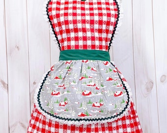 Christmas Apron, Mid Century Modern Christmas Apron, red Gingham, retro Christmas apron, Snowy Village Print, holiday apron, retro apron