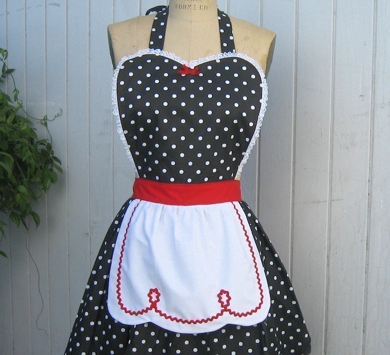 apron LUCY, retro apron, black polka dots with red womens full apron, hostess gift, 50s apron, fifties style apron, womens full apron image 1
