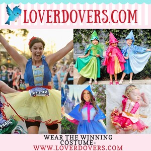 May include: A collage of images featuring children and adults dressed in various Disney princess costumes. The costumes include Snow White, Cinderella, and Tinkerbell. The text "LOVERDOVERS.COM" and "WEAR THE WINNING COSTUME - WWW.LOVERDOVERS.COM" is displayed on the image.