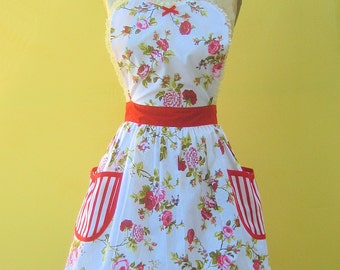 apron cottagecore pretty floral red Womens Retro full APRON  with pockets vintage style flirty gift aprons