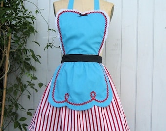 Retro apron FIFTIES Diner Waitress ..RETRO turq red stripes womens full apron 50s ice cream parlor vintage inspired