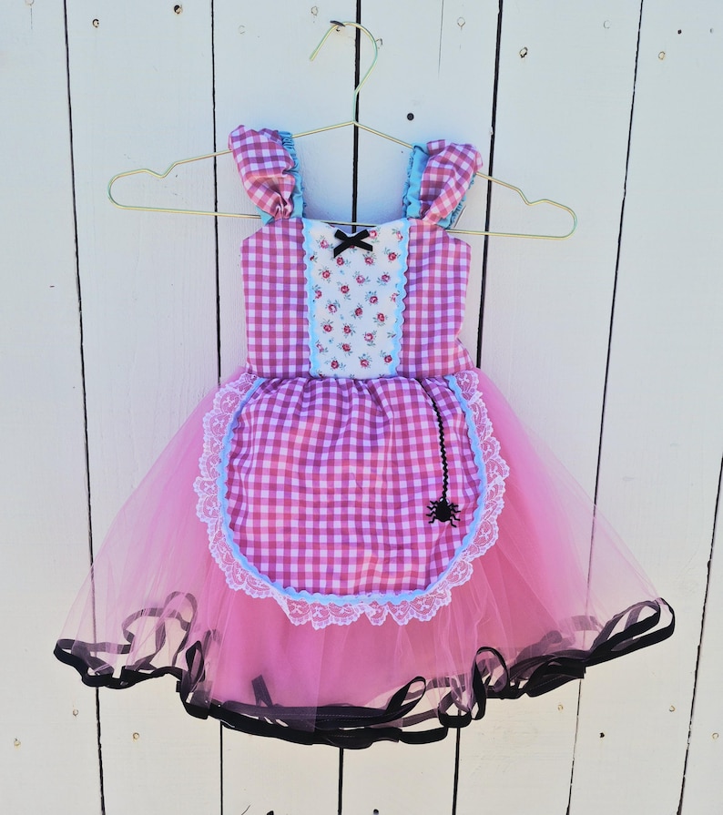 Miss Muffet Costume, Pink Gingham Dress, Spider Detail, Hat Set image 6