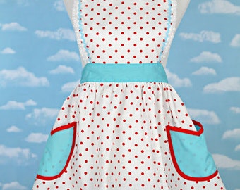 RETRO APRON retro red polka dot apron with aqua turquoise womens full apron flirty hostess gift vintage inspired flirty