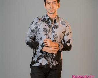 Camisa Batik de manga larga Bunga Abu – Corte ajustado moderno, Batik para hombres, Batik, Camisa Batik para hombres, Camisa Batik, Batik para hombres